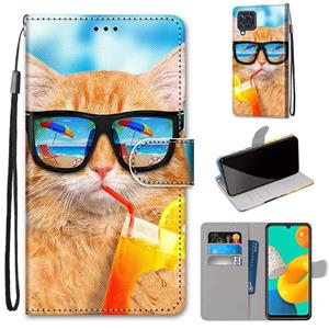 huismerk Voor Samsung Galaxy M32 Gekleurde Tekening Cross Textuur Horizontale Flip PU Lederen Case met Houder & Card Slots & Portemonnee & Lanyard (Cat Drink S