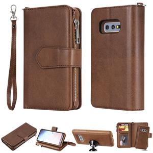 huismerk Voor Galaxy S10e 2 in 1 Solid Color Zipper Shockproof Protective Case met Card Slots & Bracket & Photo Holder & Wallet Function(Brown)