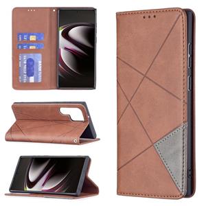 huismerk Voor Samsung Galaxy S22 Ultra 5G Prismatische Onzichtbare Magnetische Horizontale Flip Phone Lederen Case met Houder & Card Slots & Fotolijst (Bruin)