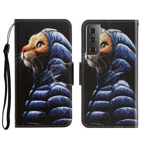 huismerk Voor Samsung Galaxy S22 + 5G 3D-gekleurde tekening horizontale flip lederen telefooncase (donsjack kat)