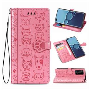 Huismerk Voor Huawei P40 Pro Cute Cat en Dog Embossed Horizontale Flip Lederen Case met Bracket / Card Slot / Wallet / Lanyard(Pink)