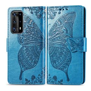 Huismerk Voor Huawei P40 Pro Butterfly Love Flower Embossed Horizontale Flip Lederen Case met bracket / card slot / Wallet / Lanyard(Blauw)