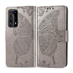 Huismerk Voor Huawei P40 Pro Butterfly Love Flower Embossed Horizontale Flip Lederen Case met bracket / card slot / Wallet / Lanyard(Grijs)