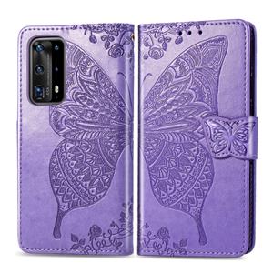 Huismerk Voor Huawei P40 Pro Butterfly Love Flower Embossed Horizontale Flip Lederen Case met bracket / card slot / Wallet / Lanyard(Light Purple)