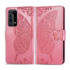 Huismerk Voor Huawei P40 Pro Butterfly Love Flower Embossed Horizontal Flip Lederen Hoes met beugel / Card Slot / Wallet / Lanyard (Roze)