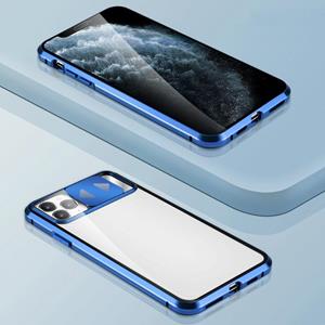 huismerk Sliding Lens Cover Mirror Design Vierhoeks schokbestendig magnetisch metalen frame Dubbelzijdige tempered glass case voor iPhone 12 mini(Blauw)