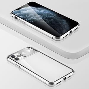 huismerk Glijdende lens cover spiegel ontwerp vier-hoek schokbestendig magnetisch metalen frame dubbelzijdige geharde glazen behuizing voor iPhone 12 mini (zil