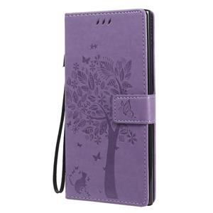 huismerk Voor Samsung Galaxy Note20 Ultra Tree & Cat Patroon Geperst Afdrukken Horizontale Flip PU Lederen case met Holder & Card Slots & Wallet & Lanyard(Lich