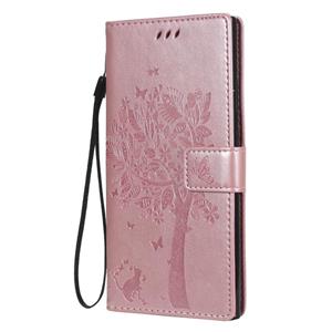 huismerk Voor Samsung Galaxy Note20 Ultra Tree & Cat Patroon Geperst Afdrukken Horizontale Flip PU Lederen case met Holder & Card Slots & Wallet & Lanyard(Rose