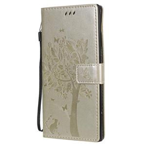 huismerk Voor Samsung Galaxy Note20 Ultra Tree & Cat Patroon Geperst Afdrukken Horizontale Flip PU Lederen case met Holder & Card Slots & Wallet & Lanyard(Goud