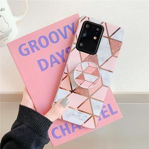 huismerk Voor Galaxy S20 Plus Plating kleurrijke geometrische patroon mozaïek marmeren TPU mobiele telefoon geval met opvouwbare beugel (Roze PF1)