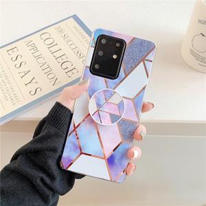 huismerk Voor Galaxy S20 Plus Plating Kleurrijke Geometrische Patroon Mozaïek Marmer TPU mobiele telefoon geval met opvouwbare beugel (Blauwe PF4)