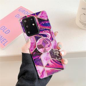 huismerk Voor Galaxy S20 Plus Plating kleurrijke geometrische patroon mozaïek marmeren TPU mobiele telefoon geval met opvouwbare beugel (Magenta PF5)