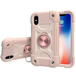 huismerk Shockproof Silicone + PC Protective Case with Dual-Ring Holder For iPhone X / XS(Rose Gold)