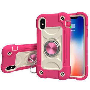 huismerk Shockproof Silicone + PC Protective Case with Dual-Ring Holder For iPhone X / XS(Rose Red)