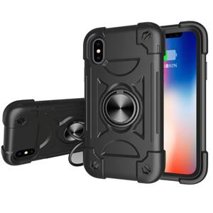 huismerk Shockproof Silicone + PC Protective Case with Dual-Ring Holder For iPhone XR(Black)