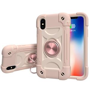 huismerk Shockproof Silicone + PC Protective Case with Dual-Ring Holder For iPhone XR(Rose Gold)