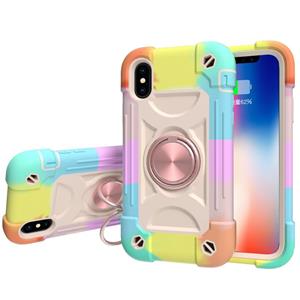 huismerk Shockproof Silicone + PC Protective Case with Dual-Ring Holder For iPhone XR(Colorful Rose Gold)