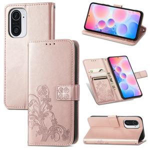 huismerk Voor Xiaomi Redmi K40 / K40 pro vier-blad gesp in reliëf gemaakte gesp mobiele telefoon bescherming lederen tas met lanyard & card slot & portemonnee