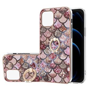 huismerk Galvaniseren Patroon IMD TPU Shockproof Case met Rhinestone Ringhouder voor iPhone 13 Mini (roze schubben)