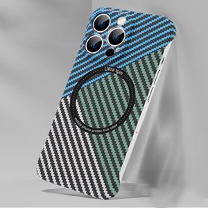 Huismerk Randloze koolstofvezeltextuur MagSafe magnetische hoes voor iPhone 13 Pro (blauw + groen + zilver)