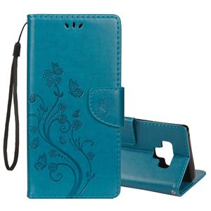 huismerk Reliëf Butterfly patroon horizontale Flip lederen draagtas met kaartsleuf & houder & portemonnee & Lanyard voor Galaxy Note9 (blauw)