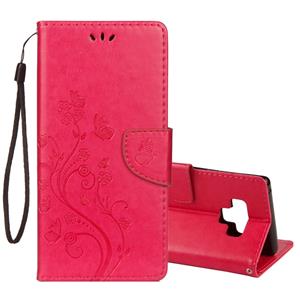 huismerk Reliëf Butterfly patroon horizontale Flip lederen draagtas met kaartsleuf & houder & portemonnee & Lanyard voor Galaxy Note9 (magenta)