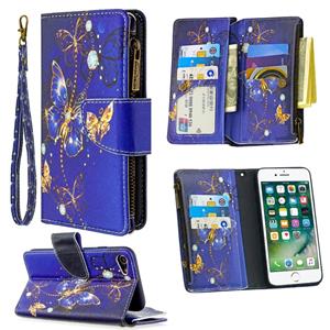 huismerk Voor iPhone 8 & 7 Gekleurd tekenpatroon Rits Horizontale Flip Lederen case met Holder & Card Slots & Wallet(Purple Butterfly)