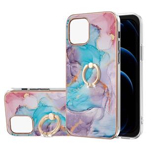 huismerk Electroplating Pattern IMD TPU Shockproof Case met Rhinestone Ringhouder voor iPhone 13 Mini (Milky Way Blue Marble)