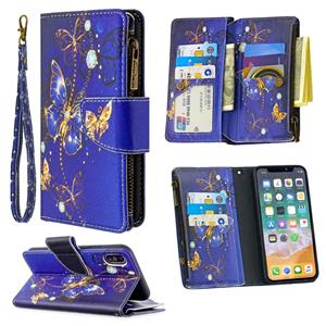 huismerk Voor iPhone XS / X Gekleurd tekenpatroon Rits Horizontale Flip Lederen case met Holder & Card Slots & Wallet(Purple Butterfly)