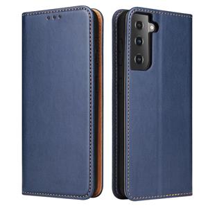 fierreshann Voor Samsung Galaxy S21 Fierre Shann PU Genuine Leather Texture Horizontale Flip Lederen case met Holder & Card Slots & Wallet(Blauw)