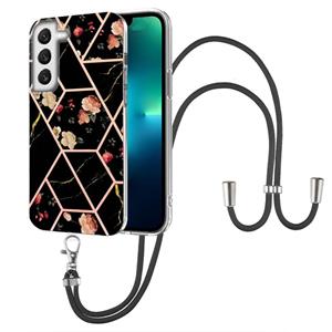 huismerk For Samsung Galaxy S22 5G Splicing Marble Flower Pattern TPU Phone Case with Lanyard(Black Flower)