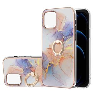 huismerk Electroplating Pattern IMD TPU Shockproof Case met Rhinestone Ringhouder voor iPhone 13 (Milky Way White Marble)