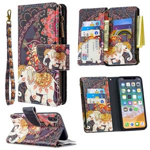 huismerk Voor iPhone XS / X Gekleurd tekenpatroon Rits Horizontale Flip Lederen case met Holder & Card Slots & Wallet(Flower Elephants)