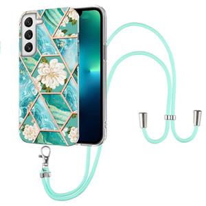 huismerk For Samsung Galaxy S22 5G Splicing Marble Flower Pattern TPU Phone Case with Lanyard(Blue Flower)