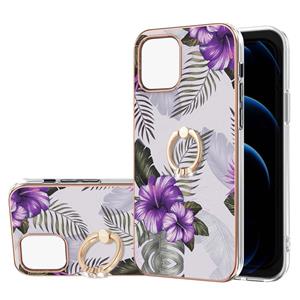 huismerk Electroplating Pattern IMD TPU Shockproof Case met Rhinestone Ringhouder voor iPhone 13 (Purple Flower)