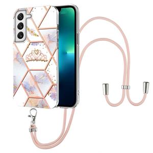 huismerk For Samsung Galaxy S22+ 5G Splicing Marble Flower Pattern TPU Phone Case with Lanyard(Imperial Crown)