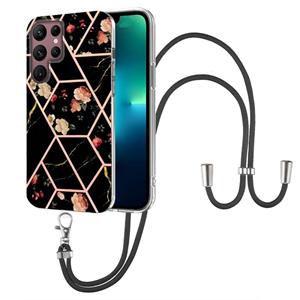 huismerk For Samsung Galaxy S22 Ultra 5G Splicing Marble Flower Pattern TPU Phone Case with Lanyard(Black Flower)