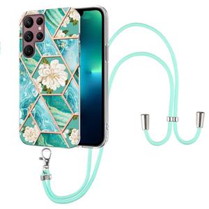 huismerk For Samsung Galaxy S22 Ultra 5G Splicing Marble Flower Pattern TPU Phone Case with Lanyard(Blue Flower)