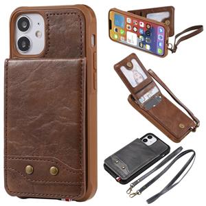 huismerk Verticale Flip Wallet Schokvrije achterkant beschermhoes met houder & kaartslots & Lanyard & Foto's Frames Voor iPhone 12 mini(Koffie)