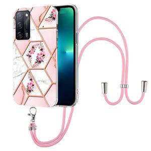 huismerk For OPPO A53s 5G / A55 5G / A54 4G / A16 Splicing Marble Flower Pattern TPU Phone Case with Lanyard(Pink Flower)