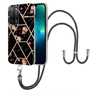 huismerk For OPPO A53s 5G / A55 5G / A54 4G / A16 Splicing Marble Flower Pattern TPU Phone Case with Lanyard(Black Flower)