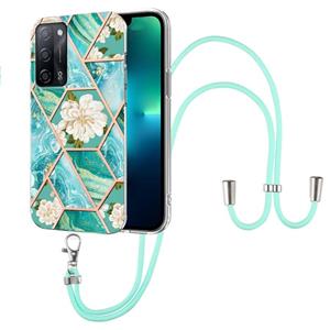 huismerk For OPPO A53s 5G / A55 5G / A54 4G / A16 Splicing Marble Flower Pattern TPU Phone Case with Lanyard(Blue Flower)