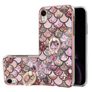 huismerk Electroplating Pattern IMD TPU Shockproof Case met Rhinestone Ringhouder voor iPhone XR (roze schubben)