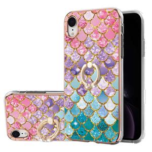 huismerk Electroplating Pattern IMD TPU Shockproof Case met Rhinestone Ringhouder voor iPhone XR (kleurrijke schalen)