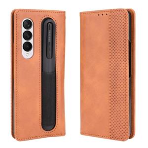 huismerk Voor Samsung Galaxy Z Fold3 5G Retro Crazy Horse Textuur Horizontale Flip Leren Case met Pen Slot (Bruin)