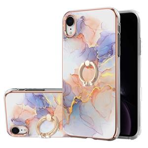 huismerk Electroplating Pattern IMD TPU Schokbestendig Case met Rhinestone Ringhouder voor iPhone XR (Melkweg White Marble)