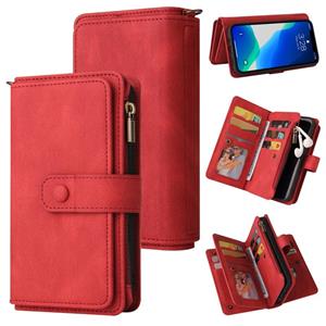 huismerk Skin Feel PU + TPU horizontale flip lederen geval met houder 15 kaarten slot & portemonnee & rits zak & lanyard voor iPhone 13 Pro Max (rood)