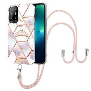 huismerk For OPPO A94 5G / A95 5G Splicing Marble Flower Pattern TPU Phone Case with Lanyard(Imperial Crown)