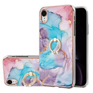 huismerk Electroplating Pattern IMD TPU Shockproof Case met Rhinestone Ringhouder voor iPhone XR (Milky Way Blue Marble)